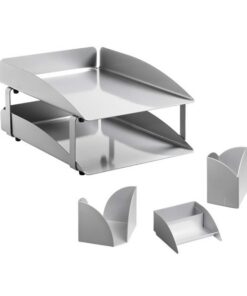 Desk Set - Modern Steel Range - Metal - Letter Tray - Business Card Holder - Pencil Cube and Cup - Silver - 411SI